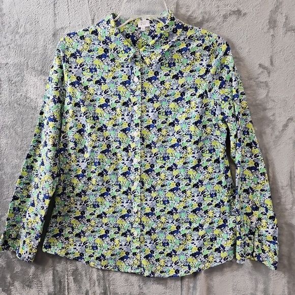 Crown And Ivy Women's Floral Blouse Sz LG Blue Green Cotton - Picture 1 of 10